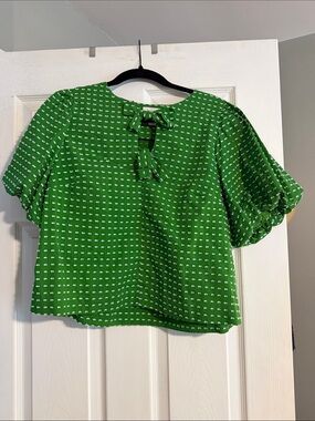 Tie-Neck Green Puff-Sleeve Blouse